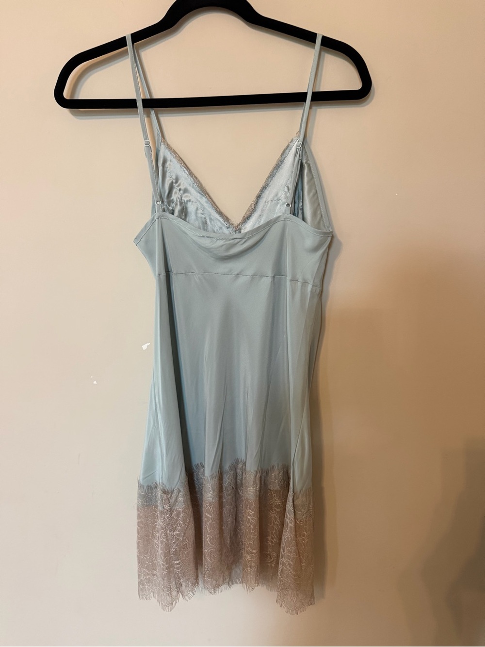 Blue Lace-Trim Satin Chemise with Beige Lace Accents - Picture 2 of 7